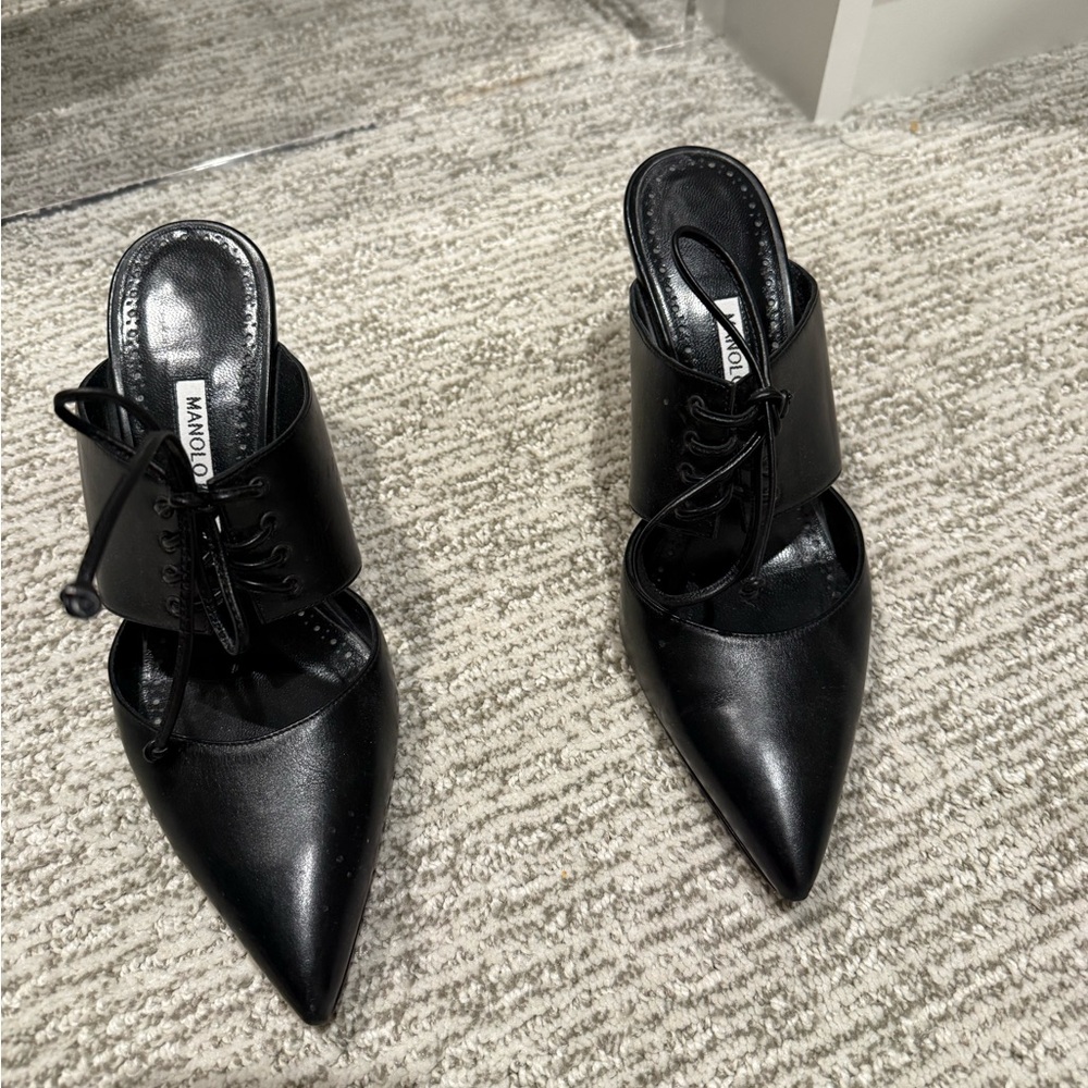 Manolo Blahnik Black Lace-Up Mules